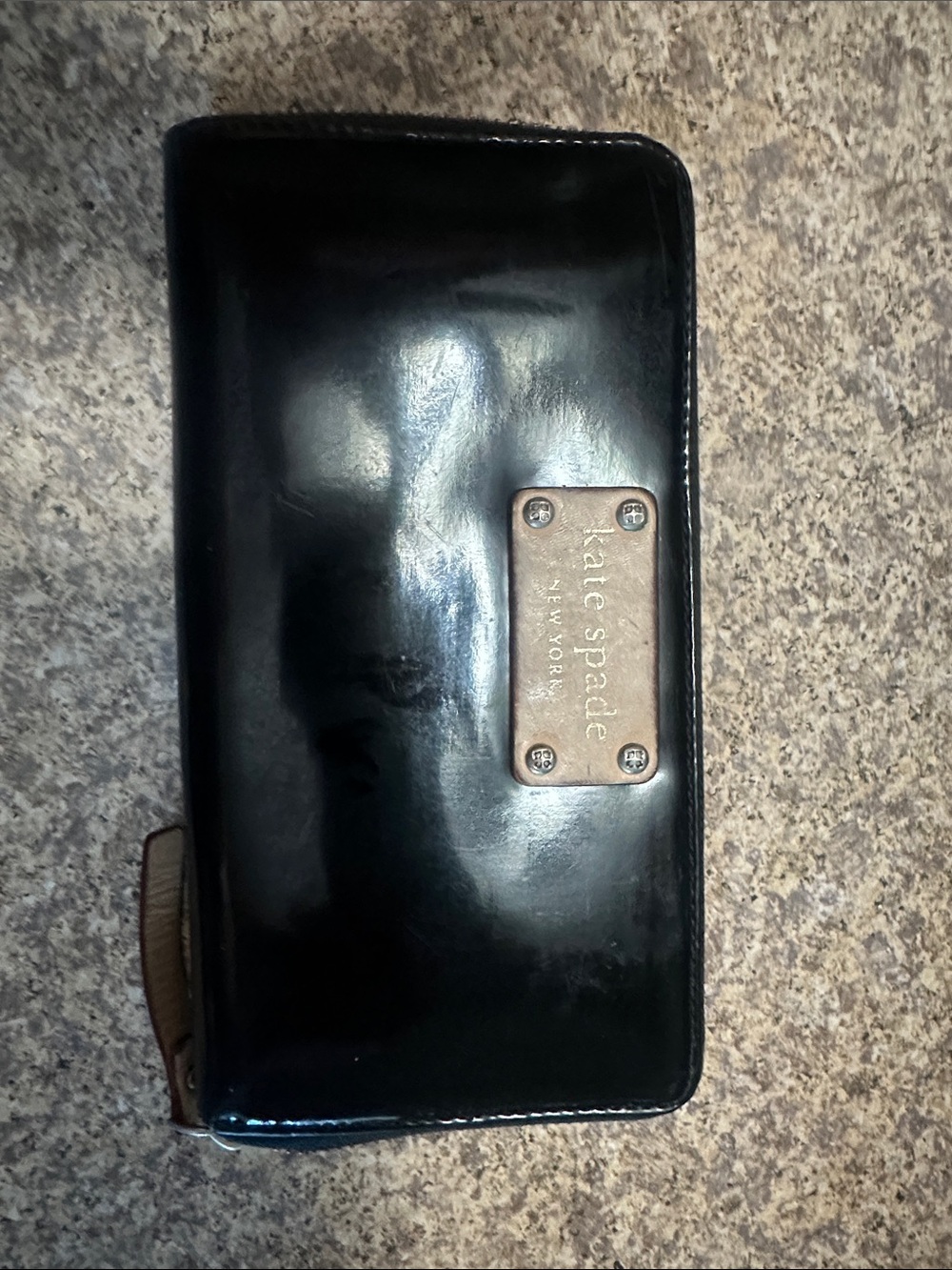 kate spade Black Patent Leather Zip Wallet with Logo Plate